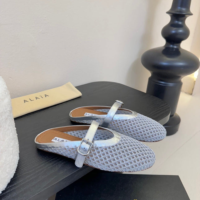ALAIA FLAT MULES 25S IN GREY MIX SILVER WOVEN MESH