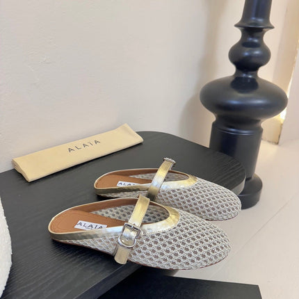 ALAIA FLAT MULES 25S IN GREY MIX GOLD WOVEN MESH
