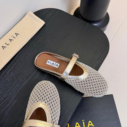 ALAIA FLAT MULES 25S IN GREY MIX GOLD WOVEN MESH