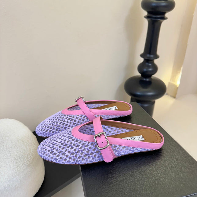 ALAIA FLAT MULES 25S IN PURPLE MIX PINK WOVEN MESH