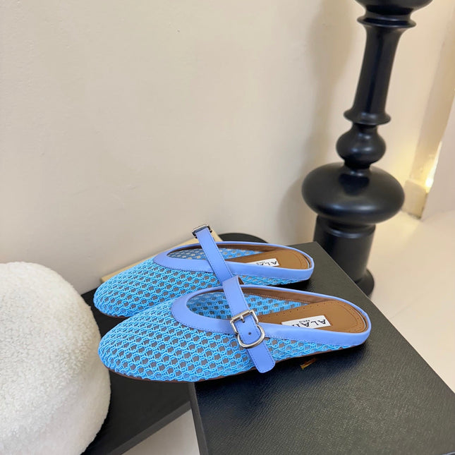 ALAIA FLAT MULES 25S IN BLUE MIX PURPLE WOVEN MESH