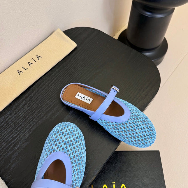 ALAIA FLAT MULES 25S IN BLUE MIX PURPLE WOVEN MESH