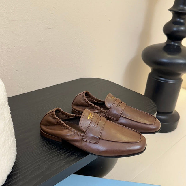 PRADA 25S SHUFFLE LOAFERS IN EARTH BROWN CALFSKIN