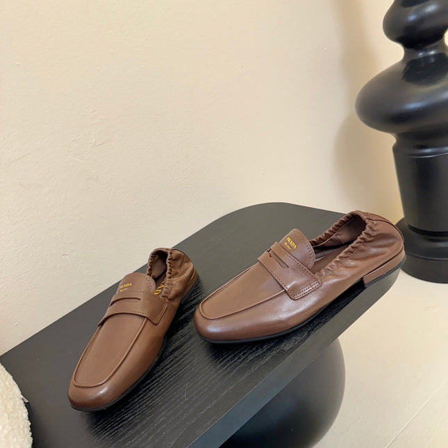 PRADA 25S SHUFFLE LOAFERS IN EARTH BROWN CALFSKIN