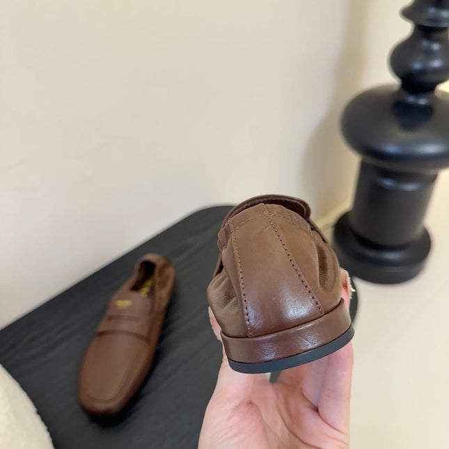 PRADA 25S SHUFFLE LOAFERS IN EARTH BROWN CALFSKIN