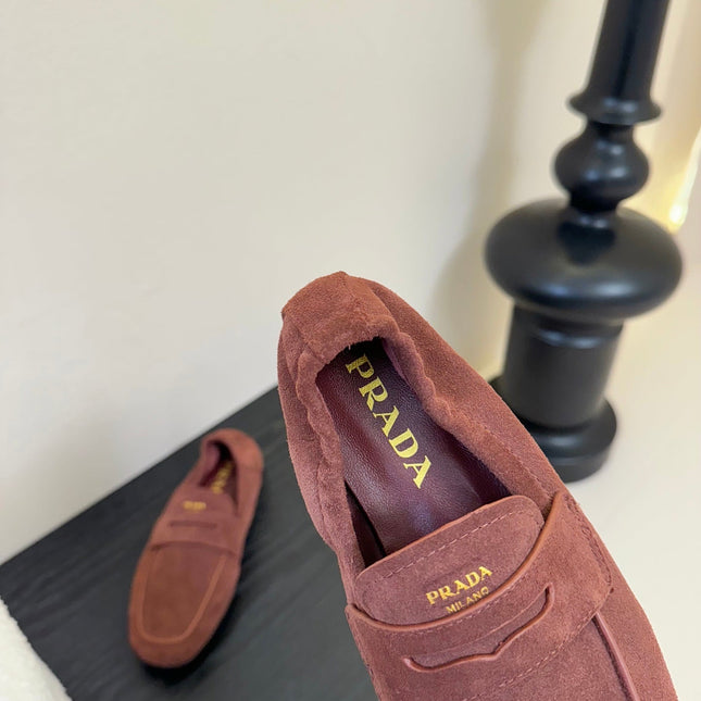 PRADA 25S SHUFFLE LOAFERS IN DARK BROWN SUEDE