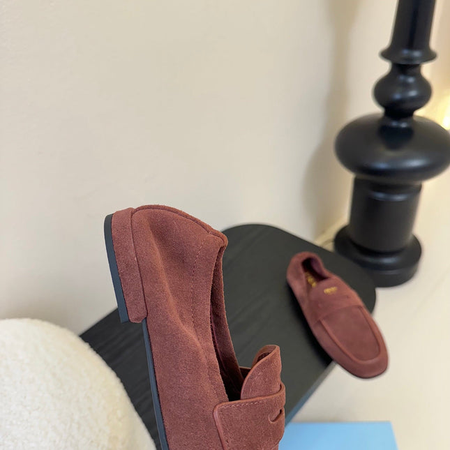 PRADA 25S SHUFFLE LOAFERS IN DARK BROWN SUEDE