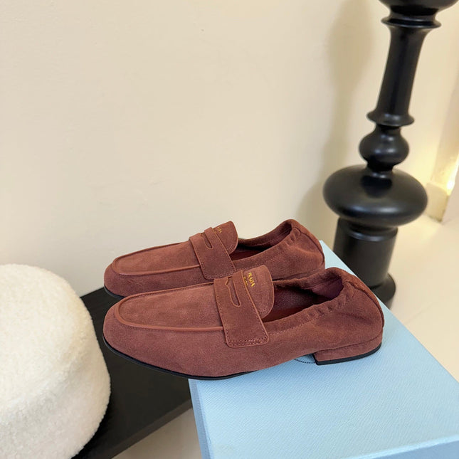PRADA 25S SHUFFLE LOAFERS IN DARK BROWN SUEDE