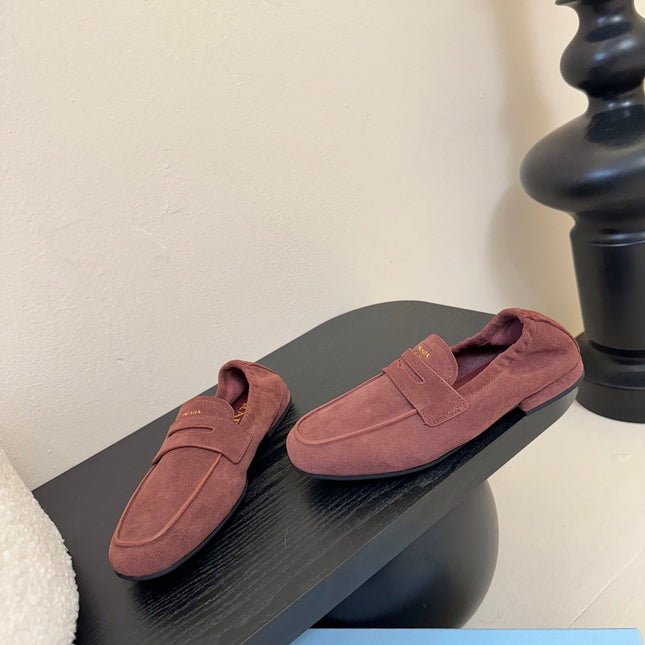 PRADA 25S SHUFFLE LOAFERS IN DARK BROWN SUEDE