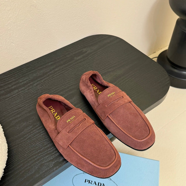 PRADA 25S SHUFFLE LOAFERS IN DARK BROWN SUEDE