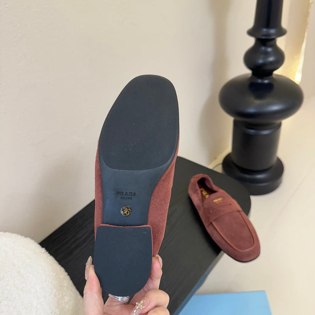 PRADA 25S SHUFFLE LOAFERS IN DARK BROWN SUEDE