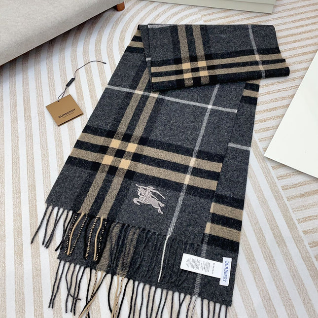 CLASSIC WOOL CHECK SCARF 180 CM DARK GRAY MIX CAMEL BROWN 402098