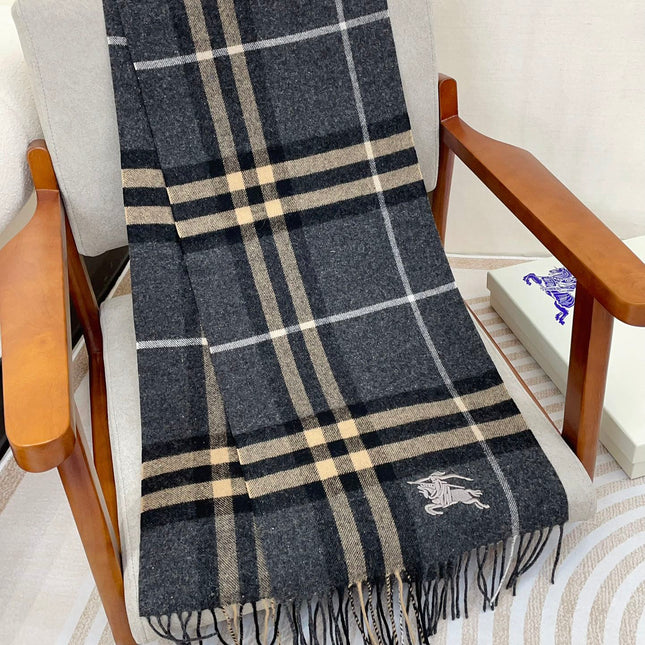 CLASSIC WOOL CHECK SCARF 180 CM DARK GRAY MIX CAMEL BROWN 402098