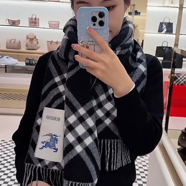 CHECK CASHMERE SCARF 168 CM BLACK MIX WHITE 410210