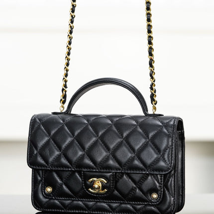 CHANEL 25S TOP HANDLE FLAP 19 CM IN BLACK LAMBSKIN WITH GOLD HARDWARE