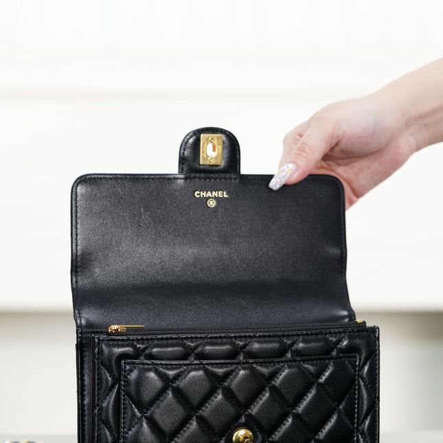 CHANEL 25S TOP HANDLE FLAP 19 CM IN BLACK LAMBSKIN WITH GOLD HARDWARE