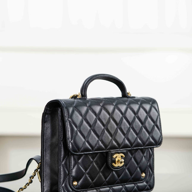 CHANEL 25S TOP HANDLE FLAP 23 CM IN BLACK LAMBSKIN WITH GOLD HARDWARE