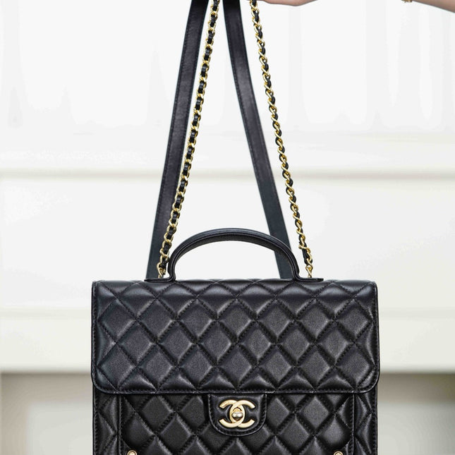 CHANEL 25S TOP HANDLE FLAP 23 CM IN BLACK LAMBSKIN WITH GOLD HARDWARE