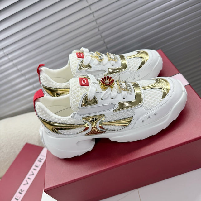 VIV' ON THE RUN SNEAKERS IN GOLD PATENT CALFSKIN AND WHITE FABRIC