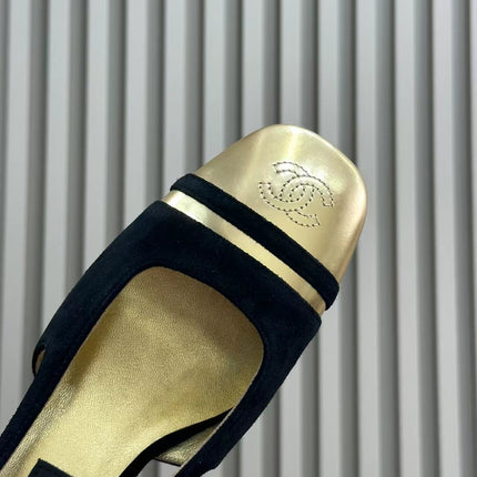 SLINGBACKS IN BLACK SUEDE AND GOLDEN LAMBSKIN