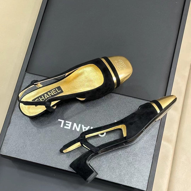 SLINGBACKS IN BLACK SUEDE AND GOLDEN LAMBSKIN
