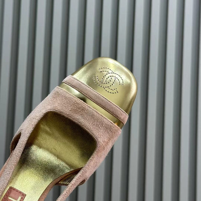 HIGH SLINGBACKS IN LIGHT PINK SUEDE AND GOLDEN LAMBSKIN