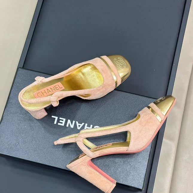 HIGH SLINGBACKS IN LIGHT PINK SUEDE AND GOLDEN LAMBSKIN