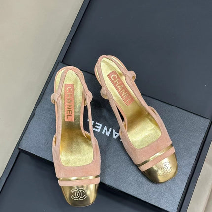 HIGH SLINGBACKS IN LIGHT PINK SUEDE AND GOLDEN LAMBSKIN