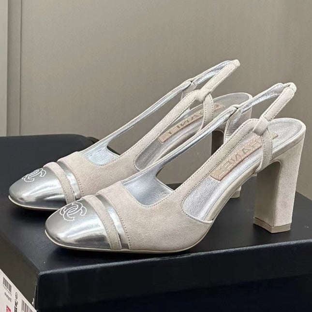 HIGH SLINGBACKS IN GREY SUEDE AND SILVER LAMBSKIN