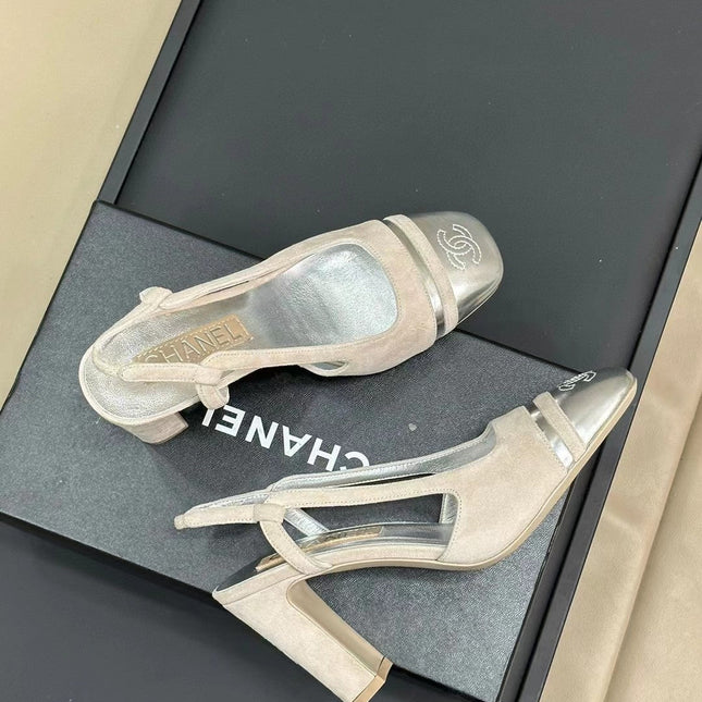 HIGH SLINGBACKS IN GREY SUEDE AND SILVER LAMBSKIN