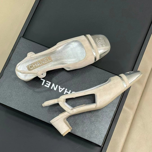 SLINGBACKS IN GREY SUEDE AND SILVER LAMBSKIN