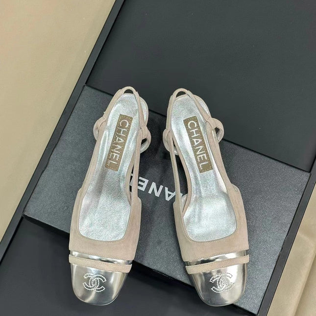 SLINGBACKS IN GREY SUEDE AND SILVER LAMBSKIN