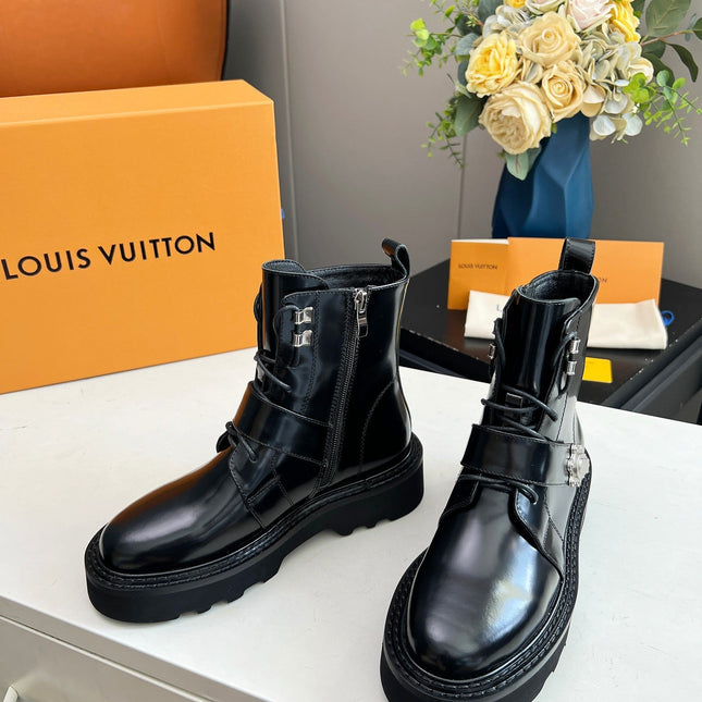 LV WOMEN'S BEAUBOURG ANKLE BOOT IN GLOSSY BLACK CALFSKIN