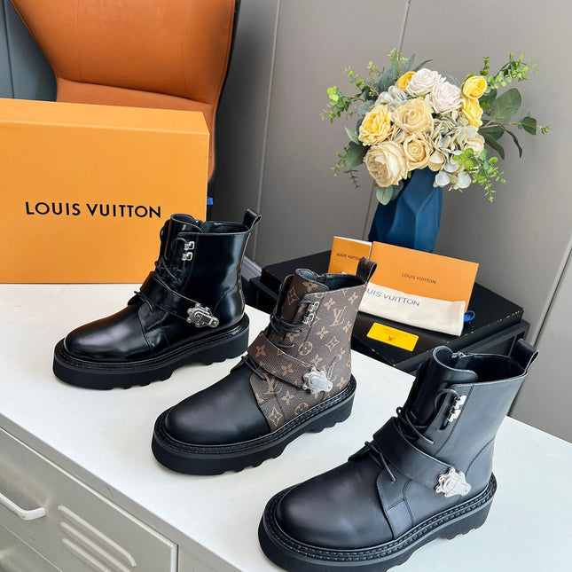 LV WOMEN'S BEAUBOURG ANKLE BOOT IN GLOSSY BLACK CALFSKIN
