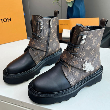 LV WOMEN'S BEAUBOURG ANKLE BOOT IN BLACK MIX CACAO MONOGRAM CALFSKIN