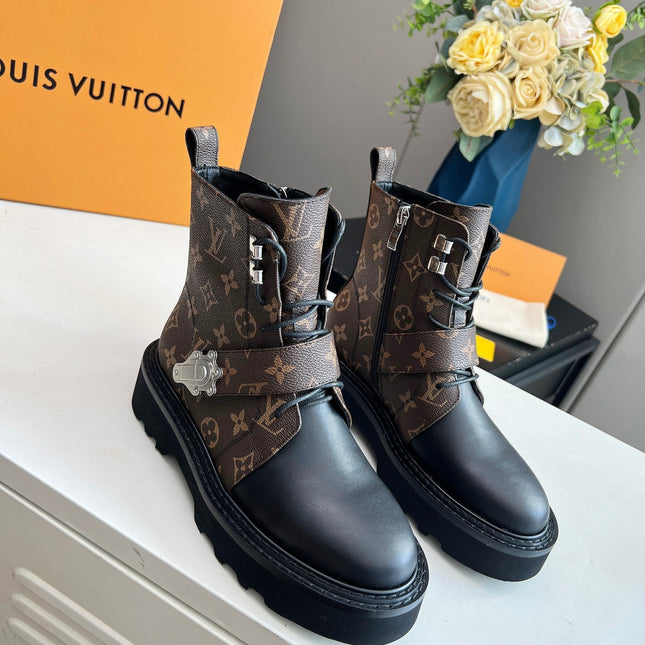 LV WOMEN'S BEAUBOURG ANKLE BOOT IN BLACK MIX CACAO MONOGRAM CALFSKIN