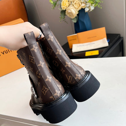 LV WOMEN'S BEAUBOURG ANKLE BOOT IN BLACK MIX CACAO MONOGRAM CALFSKIN