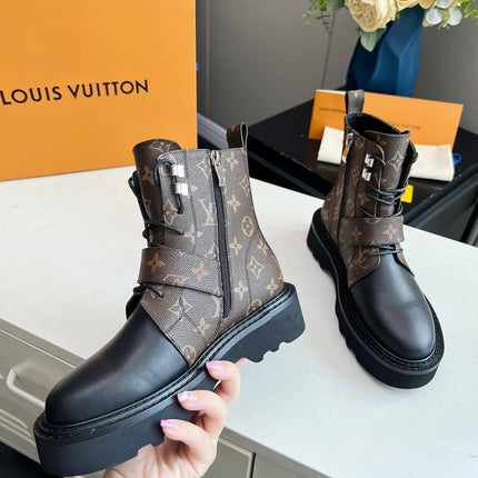 LV WOMEN'S BEAUBOURG ANKLE BOOT IN BLACK MIX CACAO MONOGRAM CALFSKIN