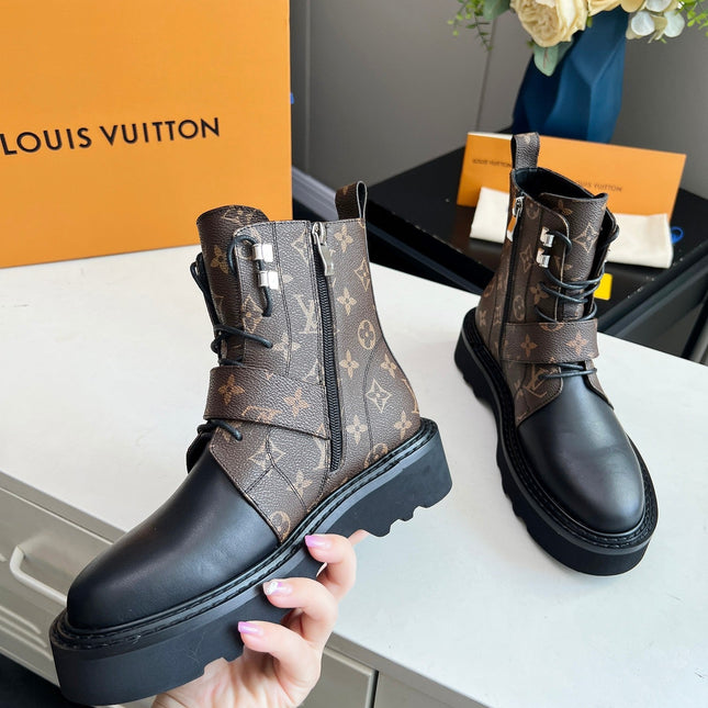 LV WOMEN'S BEAUBOURG ANKLE BOOT IN BLACK MIX CACAO MONOGRAM CALFSKIN