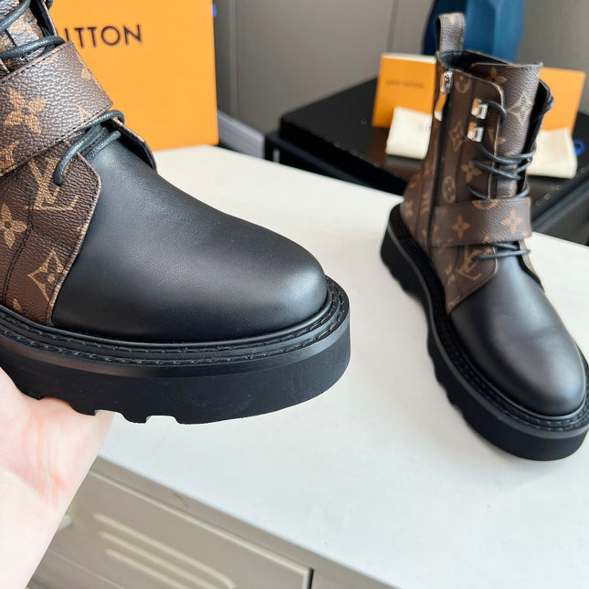 LV WOMEN'S BEAUBOURG ANKLE BOOT IN BLACK MIX CACAO MONOGRAM CALFSKIN