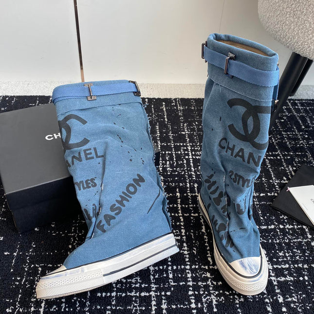 HIGH BOOTS IN OCEAN BLUE CANVAS