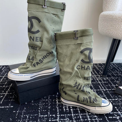 HIGH BOOTS IN ARMY GREEN CANVAS