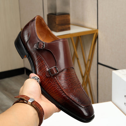 HM DOUBLE MONK STRAP RUSSET WITH CROCODILE MOTIF CALFSKIN