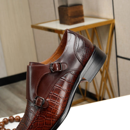 HM DOUBLE MONK STRAP RUSSET WITH CROCODILE MOTIF CALFSKIN