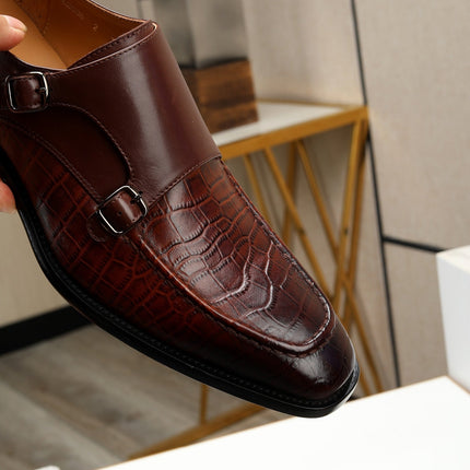 HM DOUBLE MONK STRAP RUSSET WITH CROCODILE MOTIF CALFSKIN