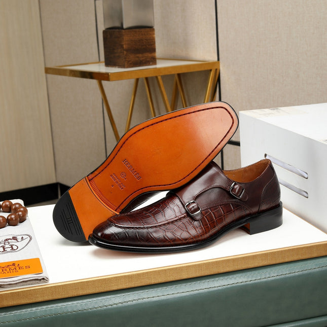 HM DOUBLE MONK STRAP RUSSET WITH CROCODILE MOTIF CALFSKIN