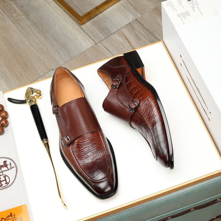 HM DOUBLE MONK STRAP RUSSET WITH CROCODILE MOTIF CALFSKIN