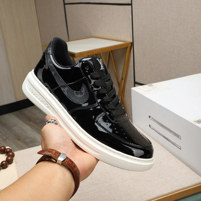 LV AIR FORCE 1 GLOSSY BLACK CALFSKIN WITH MONOGRAM LOGO