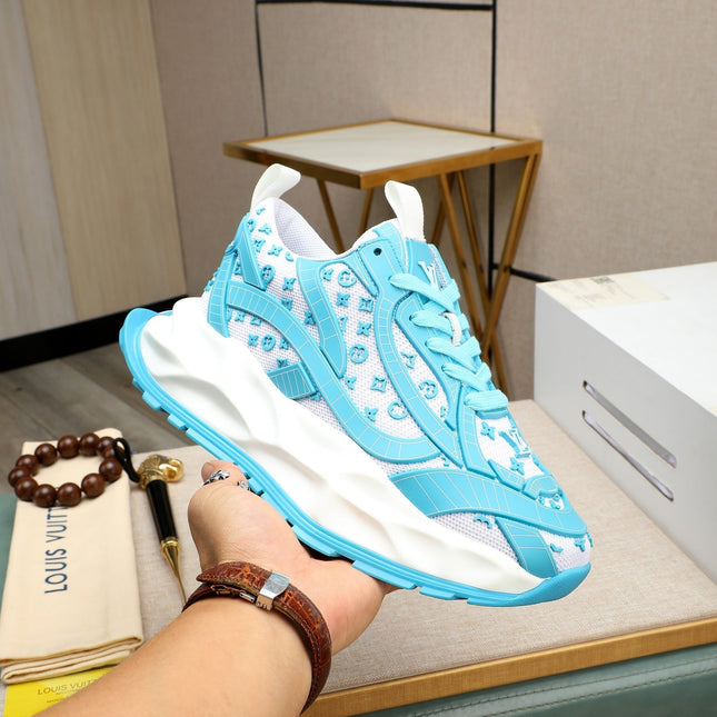 LV TRAINER WHITE MIX BLUE CALFSKIN AND BREATHABLE MESH