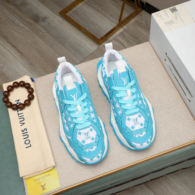 LV TRAINER WHITE MIX BLUE CALFSKIN AND BREATHABLE MESH
